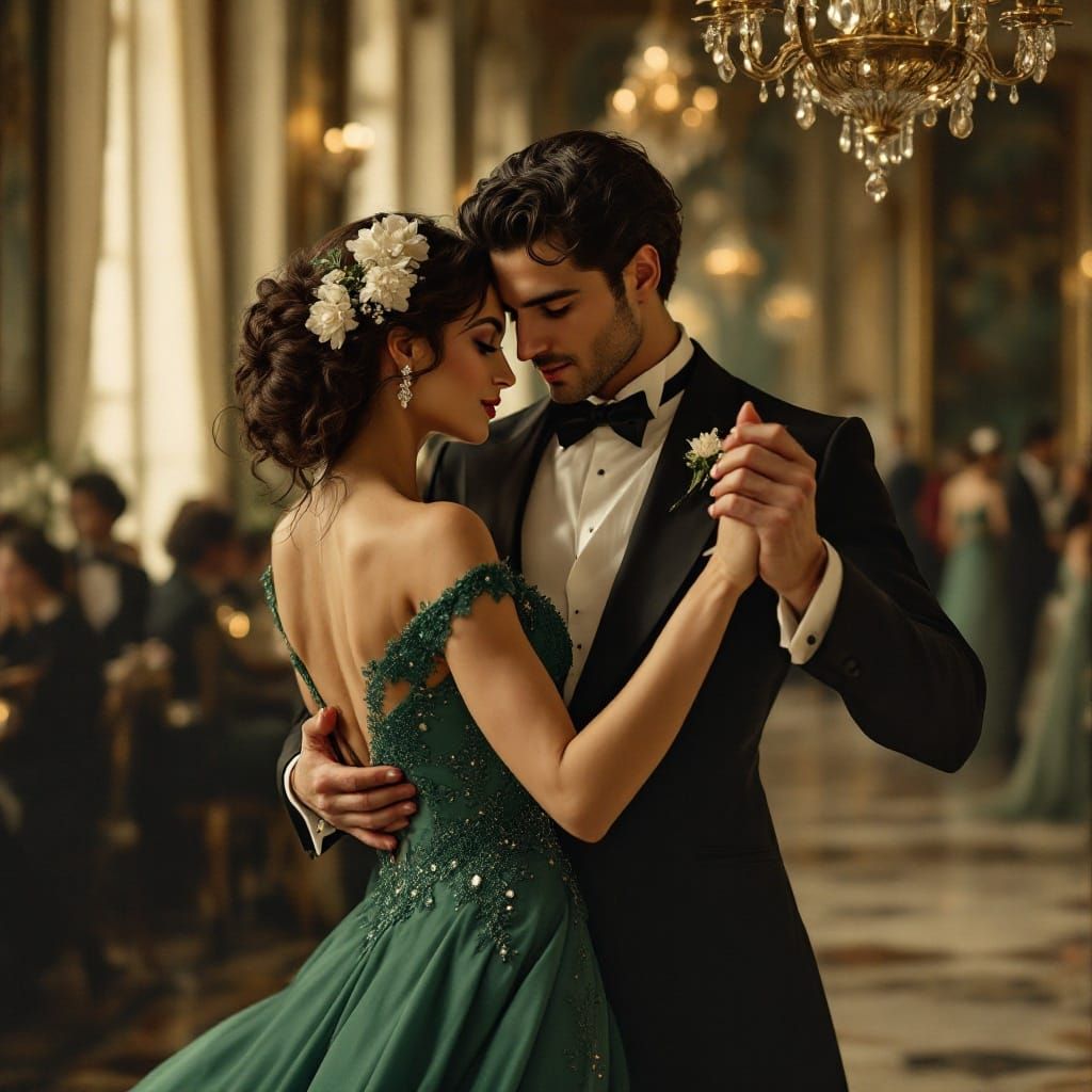 Elegant Victorian Couple Dancing a Waltz in Luxurious Ballro...