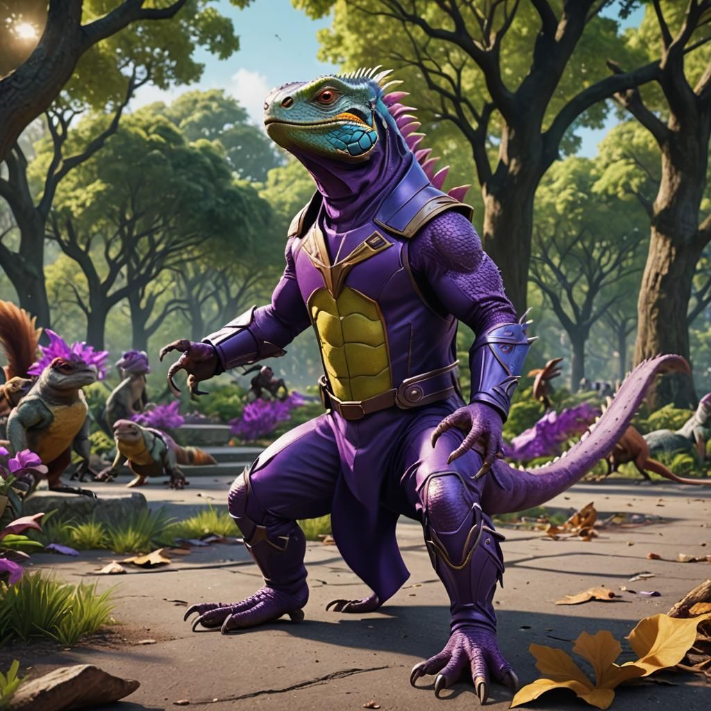 Iguana Superhero Battles Squirrels in Park