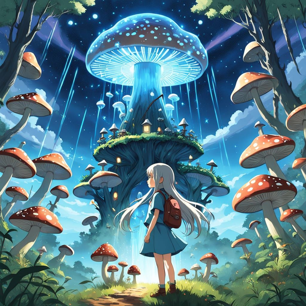 Glowing Mushrooms Tower Over Whimsical Forest, Anime Goddess...