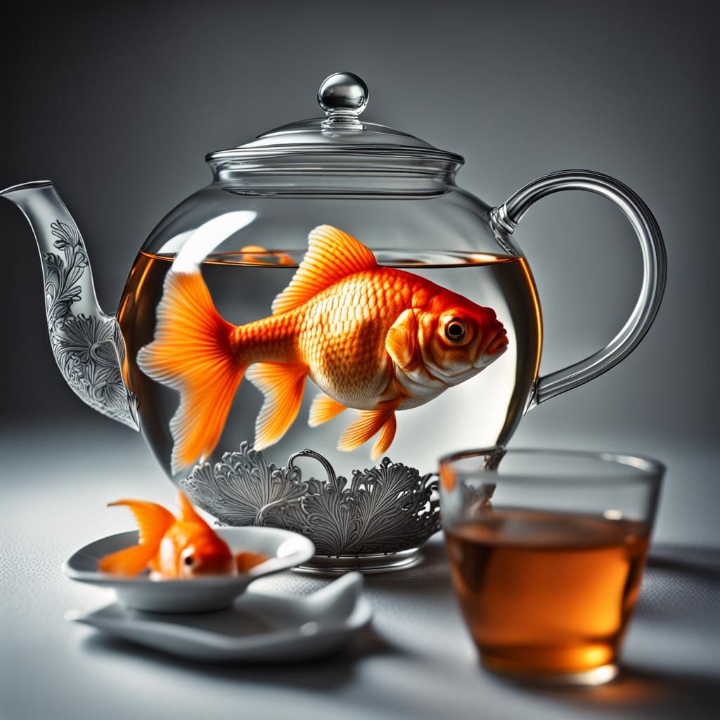 Hyperrealistic Goldfish Swimming in Teapot