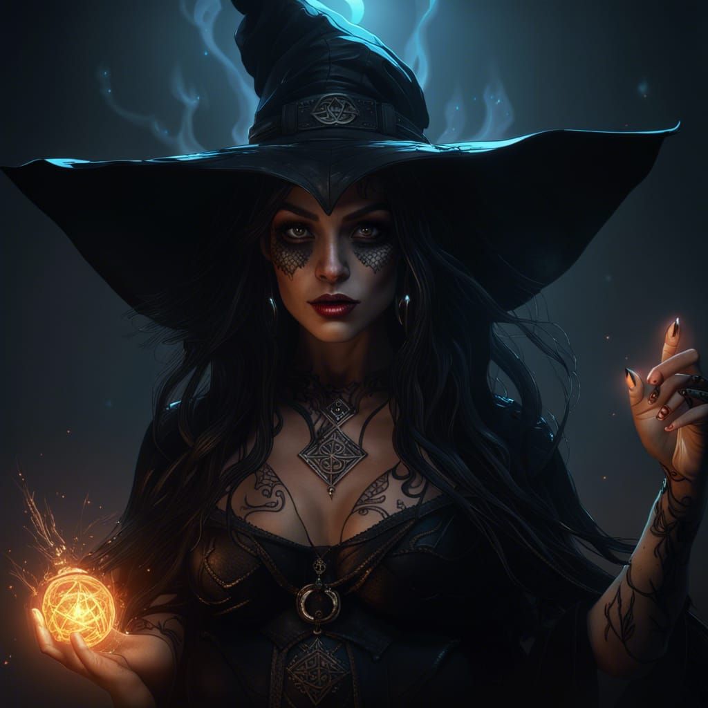 Enchanting Witch with Rune Tattoos in Dark Fantasy Style