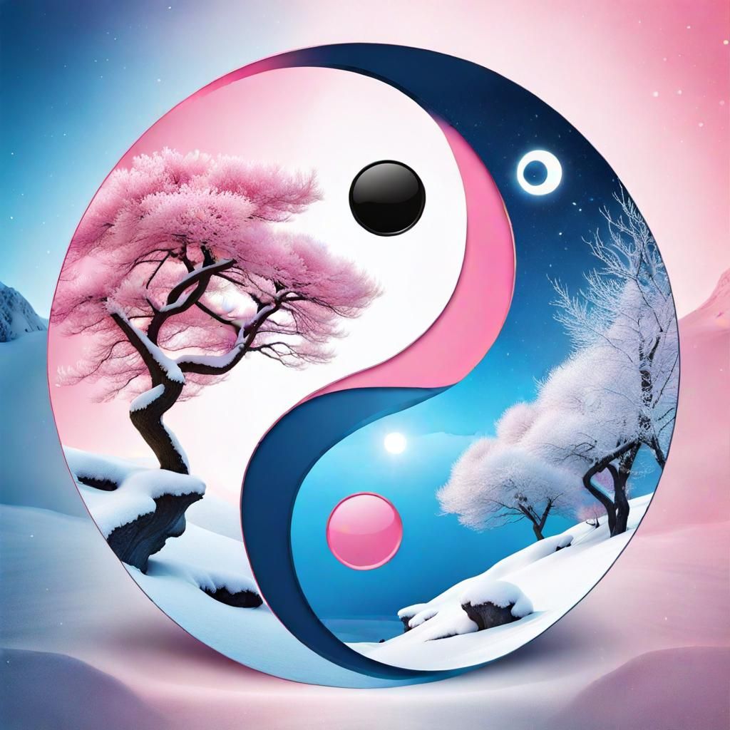 Yin Yang Symbol with Winter and Spring Landscapes