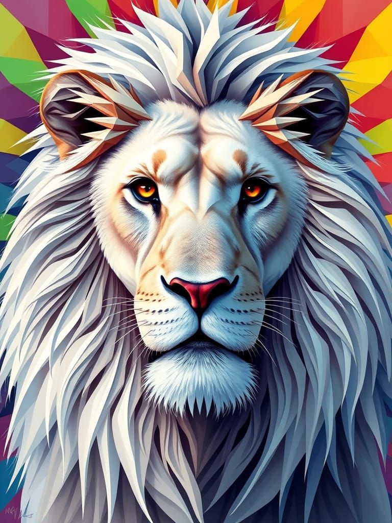 Regal White Lion Portrait in Abstract Cubism