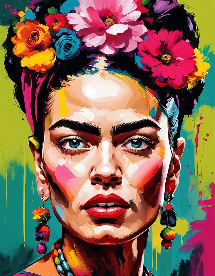 Frida Kahlo Portrait in Flower Garden, Expressionist Graffit...