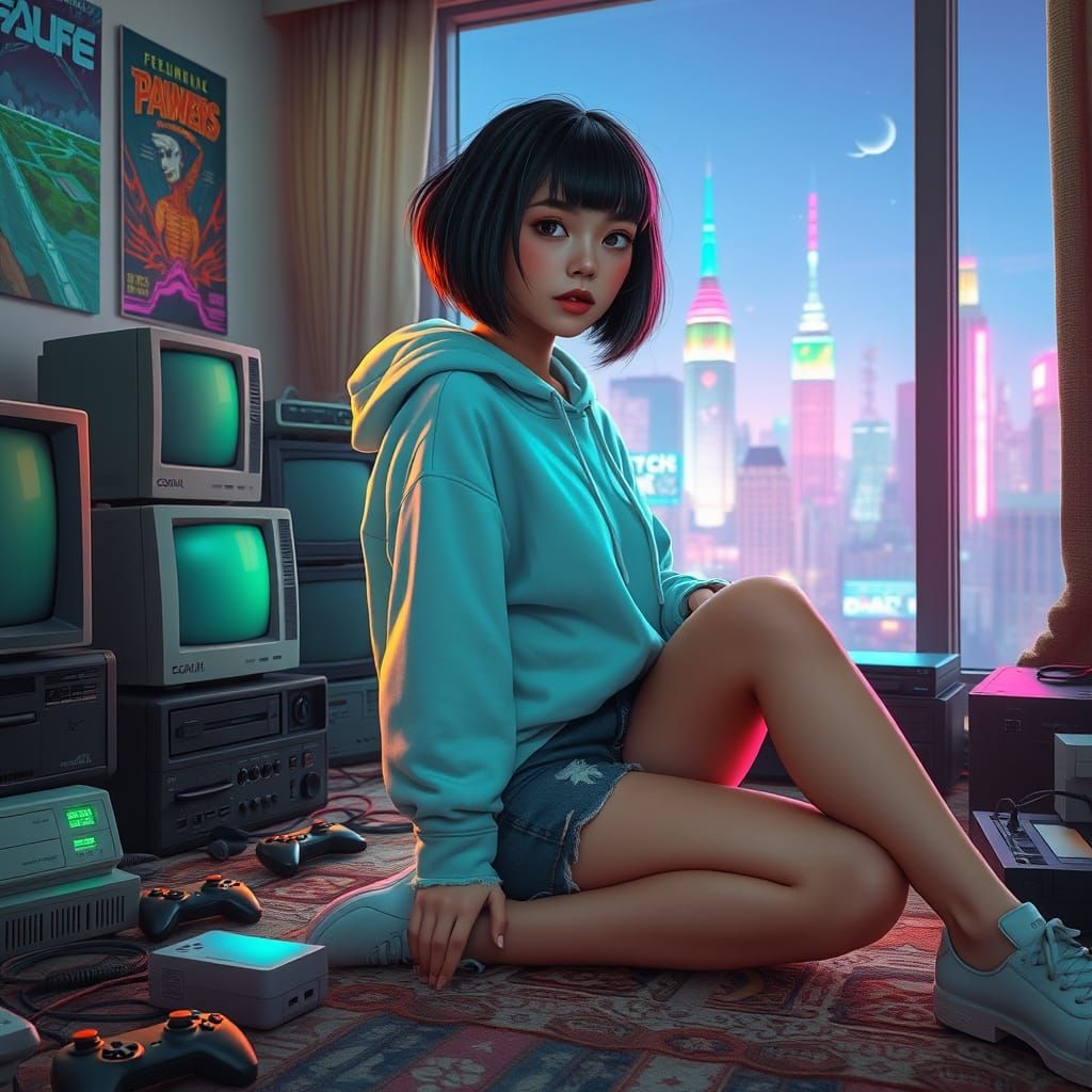Retro-Futuristic Teen Girl in Nostalgic Bedroom Scene