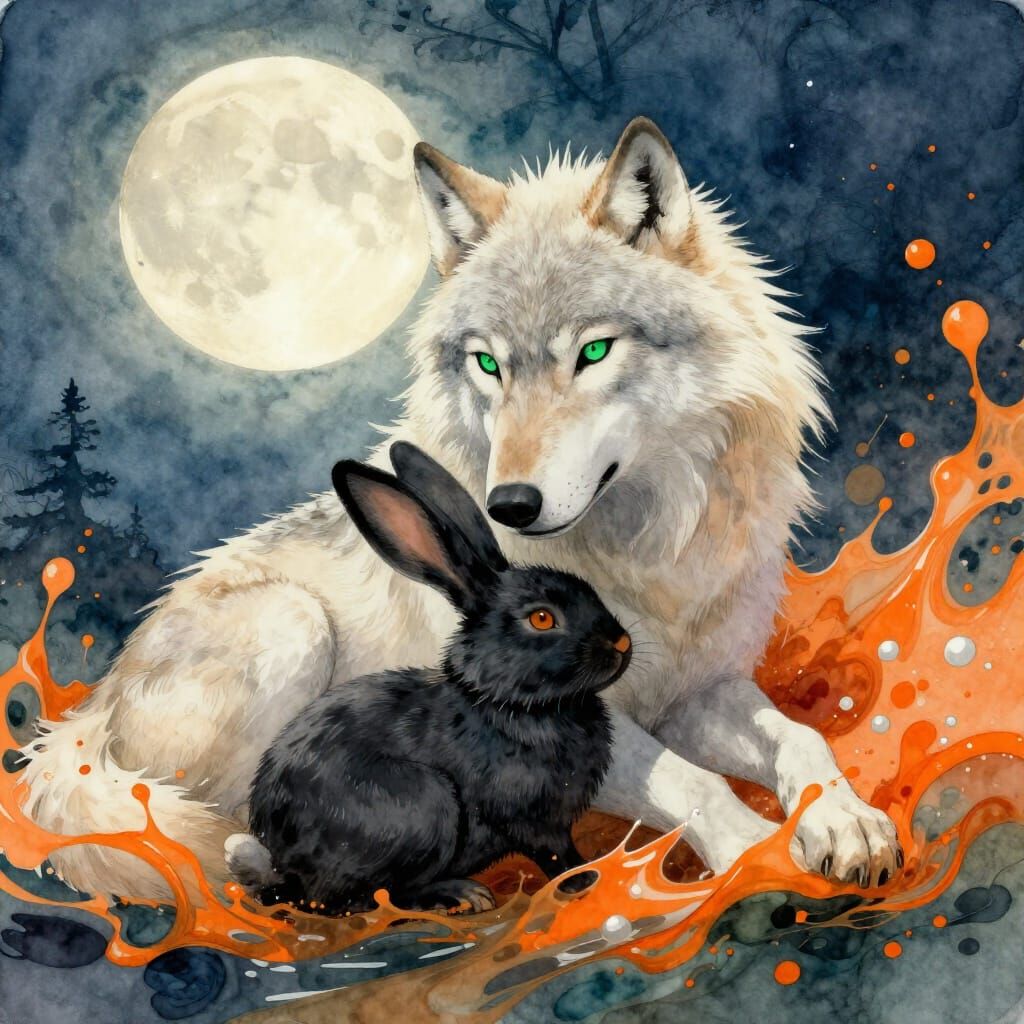Wolf and Bunny Cuddle Under Moonlit Sky