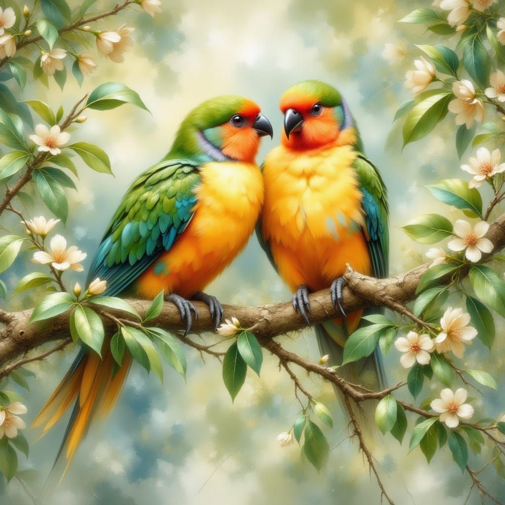 Lovebirds on Blooming Branch in Naturalist Style