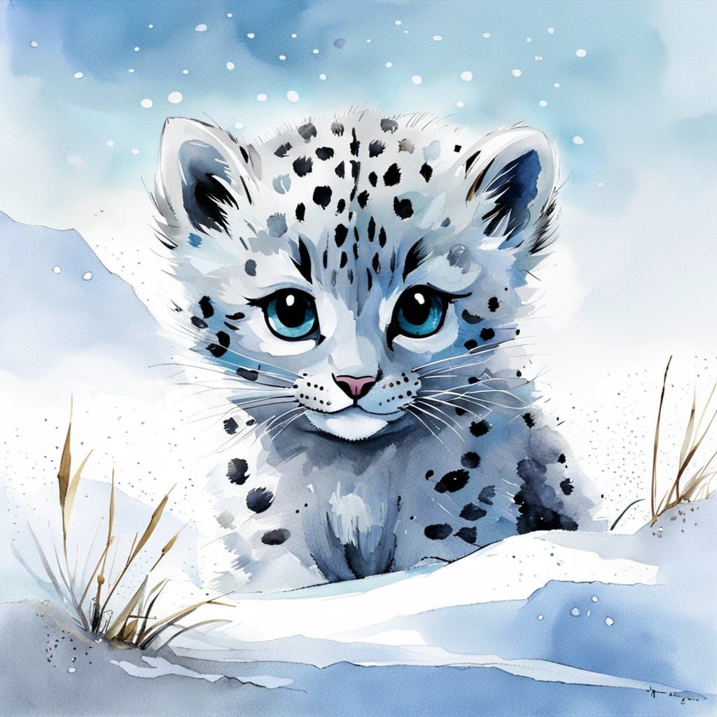 Chibi Snow Leopard Cub in Snowy Watercolor Landscape