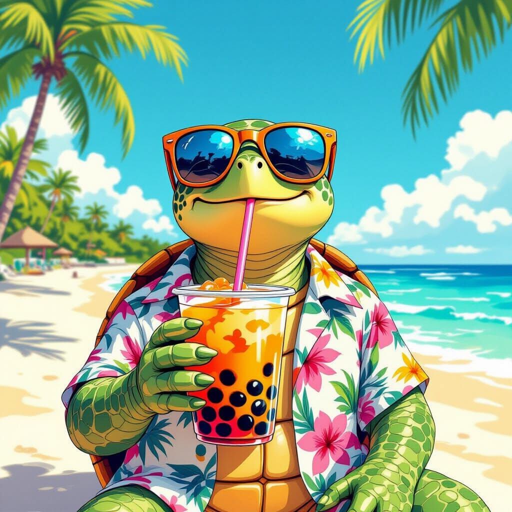 Turtle Sipping Boba Tea in Vibrant Beach Scene