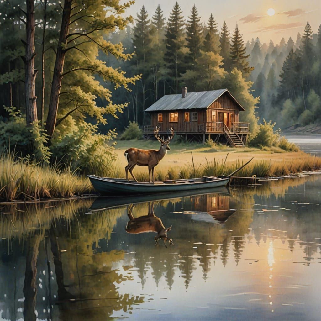 Serene Forest Morning with Deer and Fawn