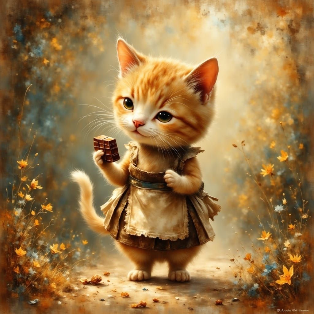 Whimsical Cat Offers Chocolate Treat in Earthy Setting