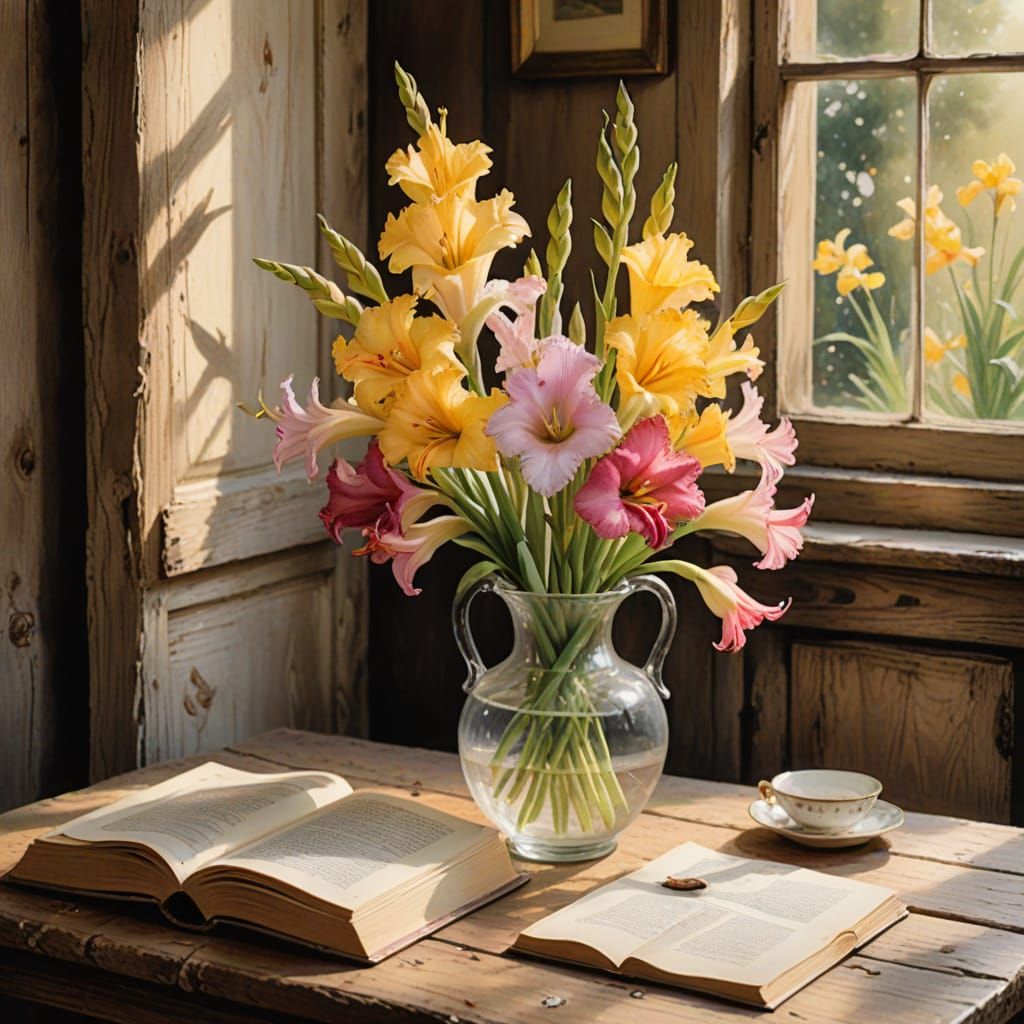 Watercolor Gladiolus in a Vintage Vase Storybook Scene