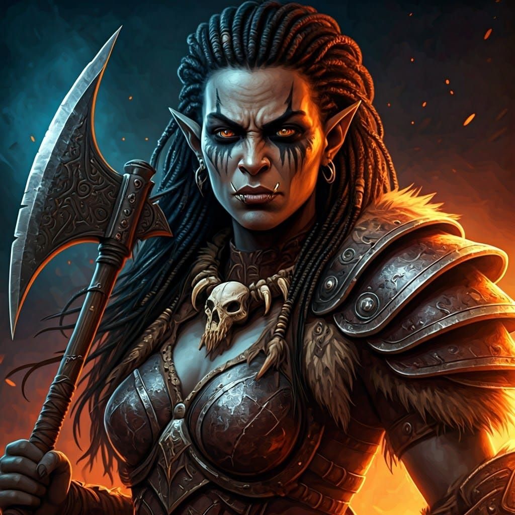 Female Orc Warrior with Axe in Fantasy Art Style