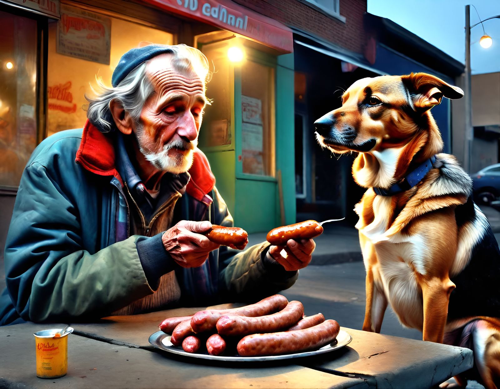 Homeless Man Shares Meal With Dog: Hyperrealistic Art