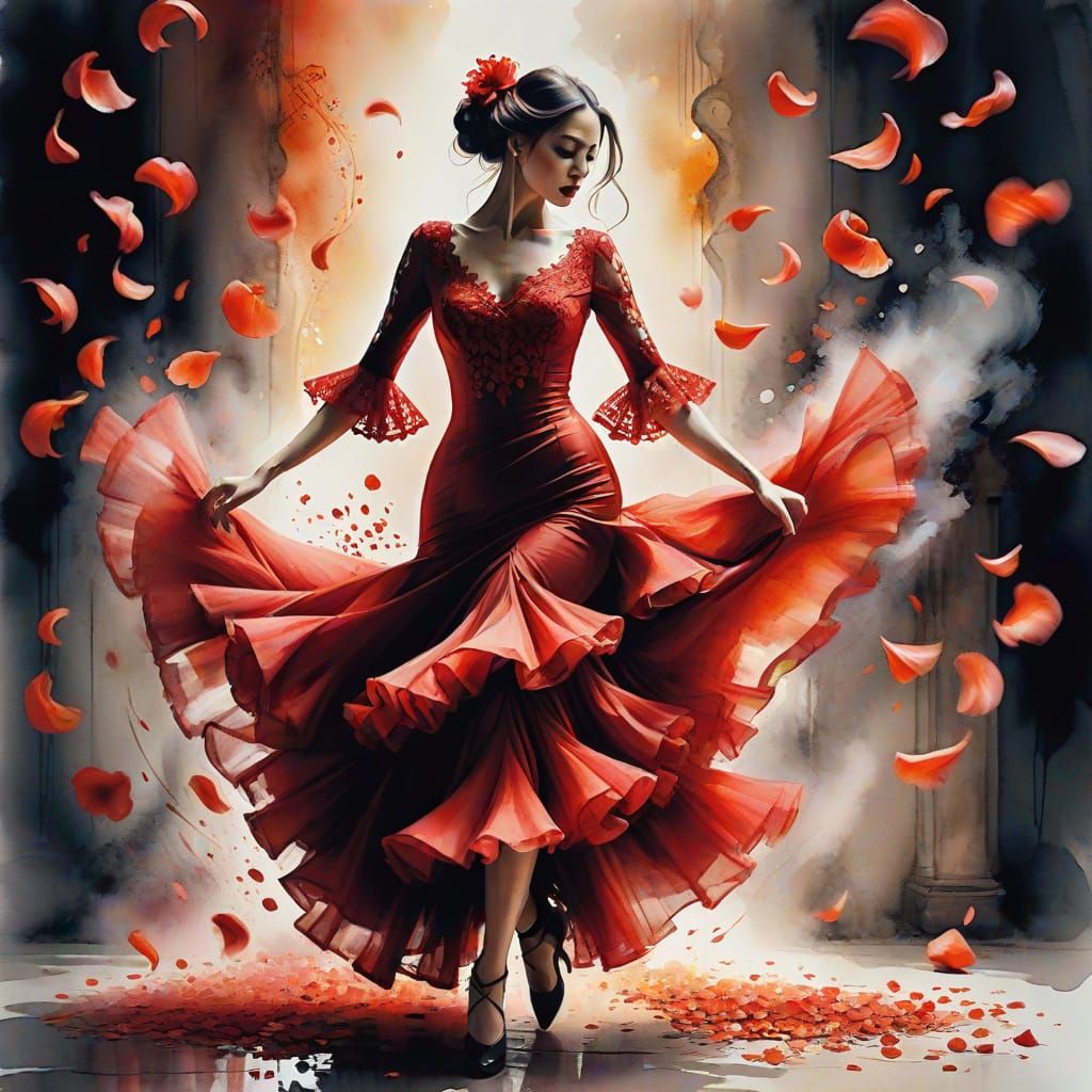 Flamenco Dancer in Red Dress, Watercolor Painting