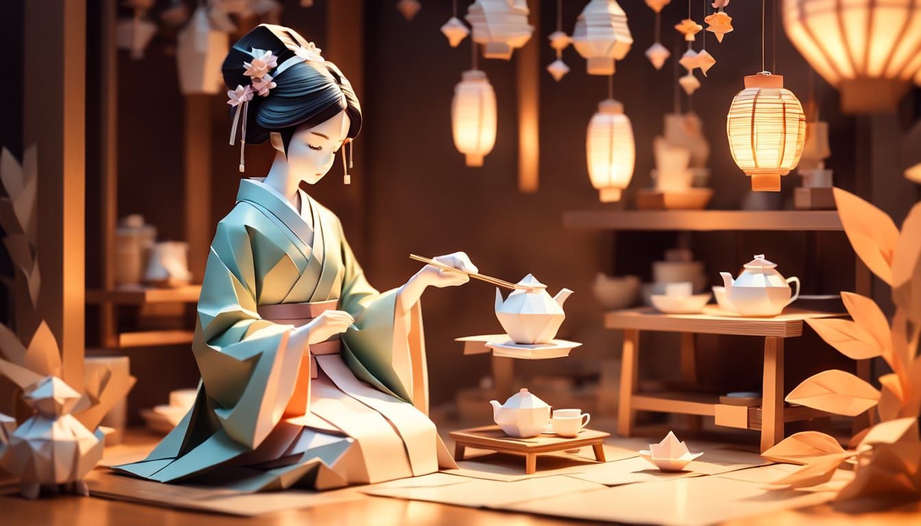 Geisha Preparing Tea: Origami Art in Pastel Colors
