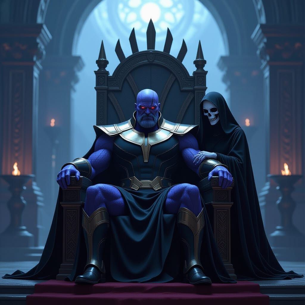 old king thanos sits on the throne pleasing mistress death