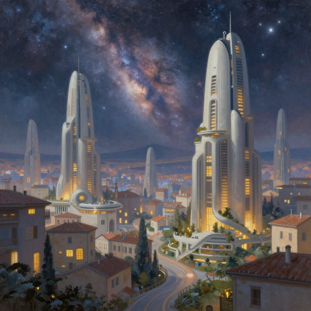 Cosmic Italian Cityscape Painting with Soft Strokes