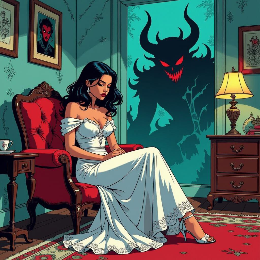 Demonic Presence Haunts Woman in Comic Book Art