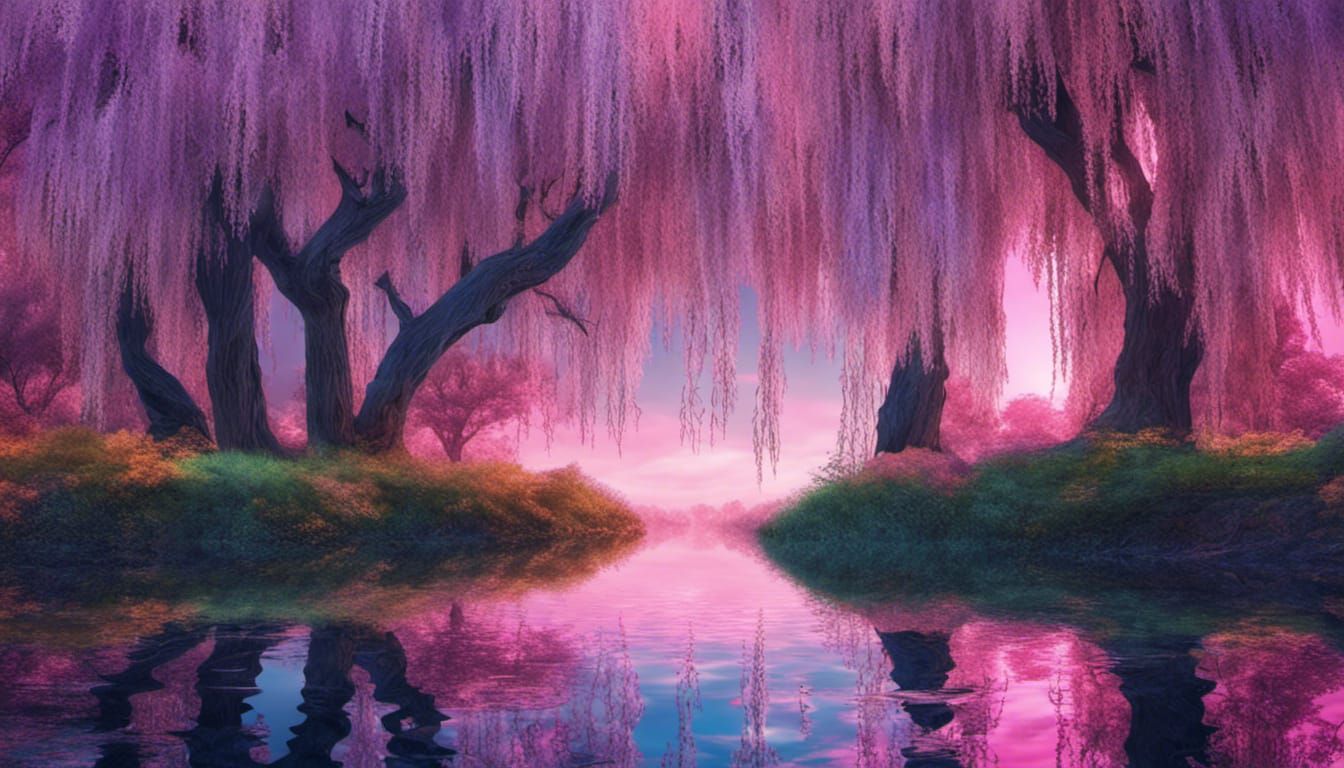 Sparkly Fantasy World with Flowers and Willow Tree