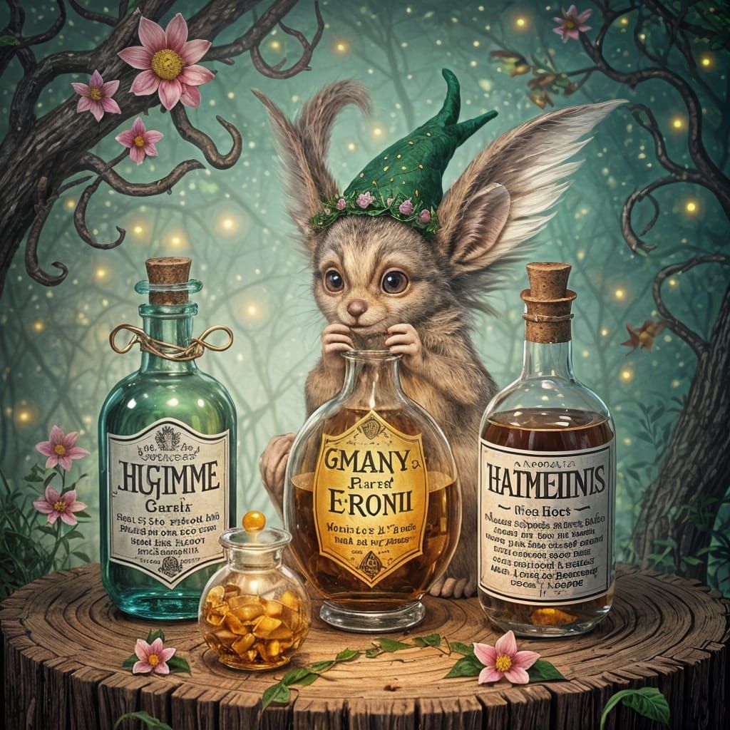 Whimsical Potions in a Dreamlike Landscape