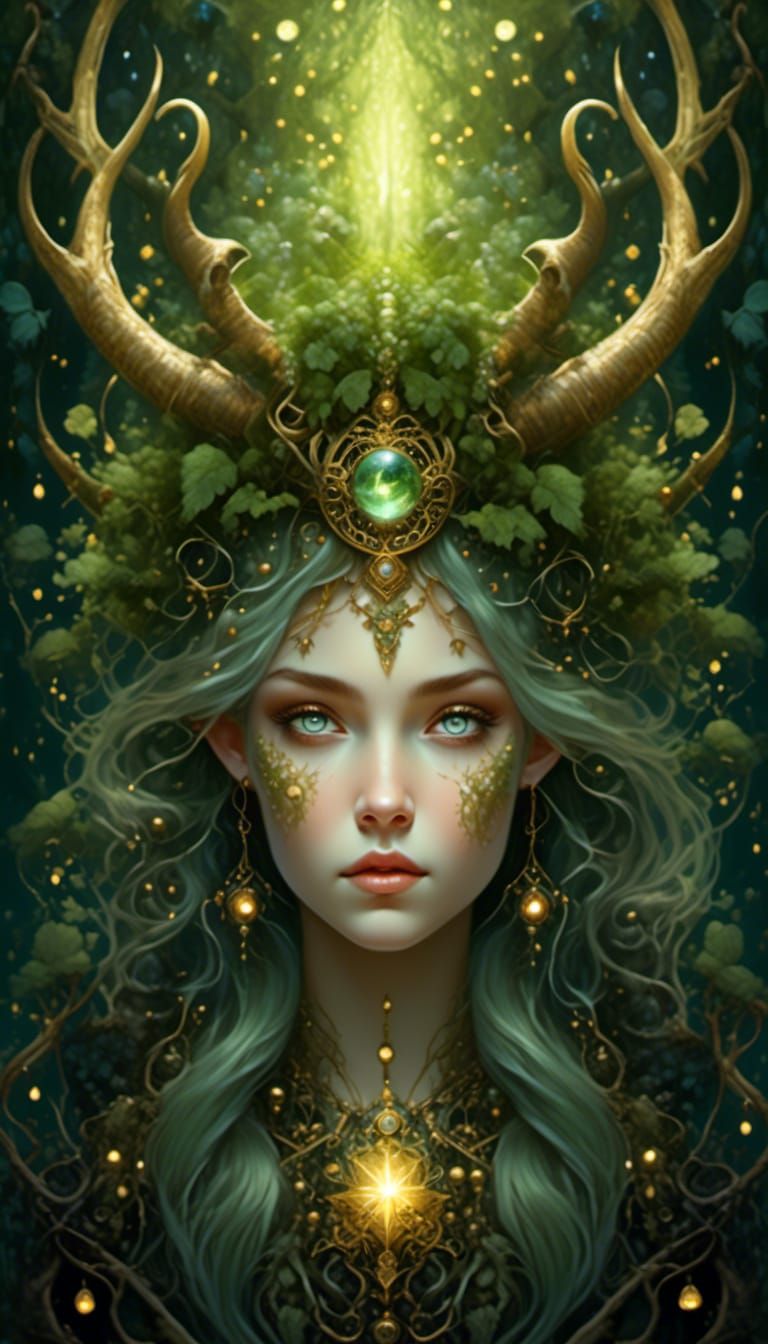 Goddess in Black Forest with Fireflies: Digital Painting