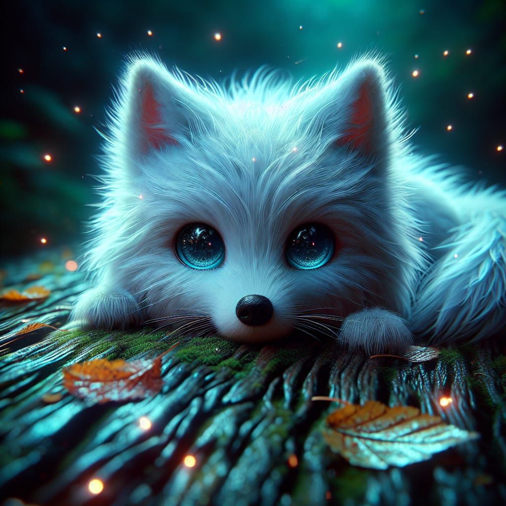 Enchanting White Wolf with Fireflies in Autumn
