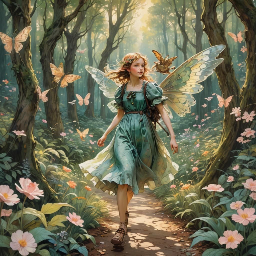 Enchanted Forest Scene with Flying Nymphs