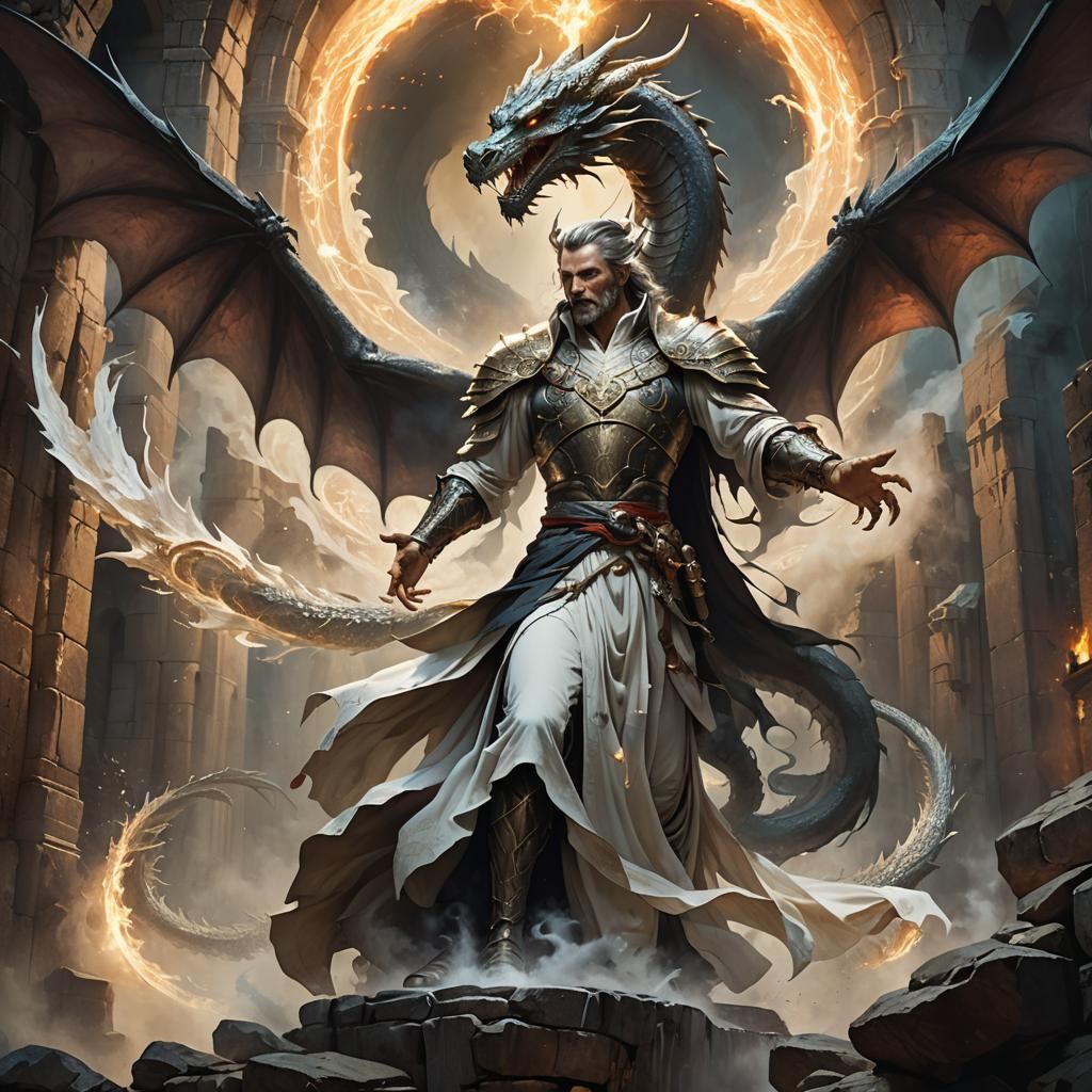 Magician and Dragon in Dark Fantasy Style