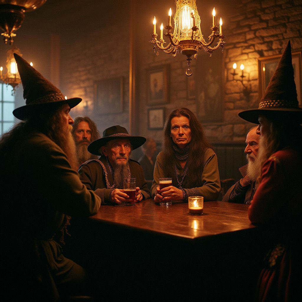 Fantasy Characters in Cozy Pub: Film Photography Style