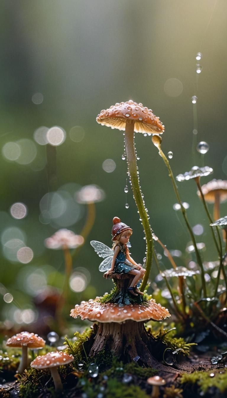 Fairy on Mushroom: Macro Photography with Dew Drops