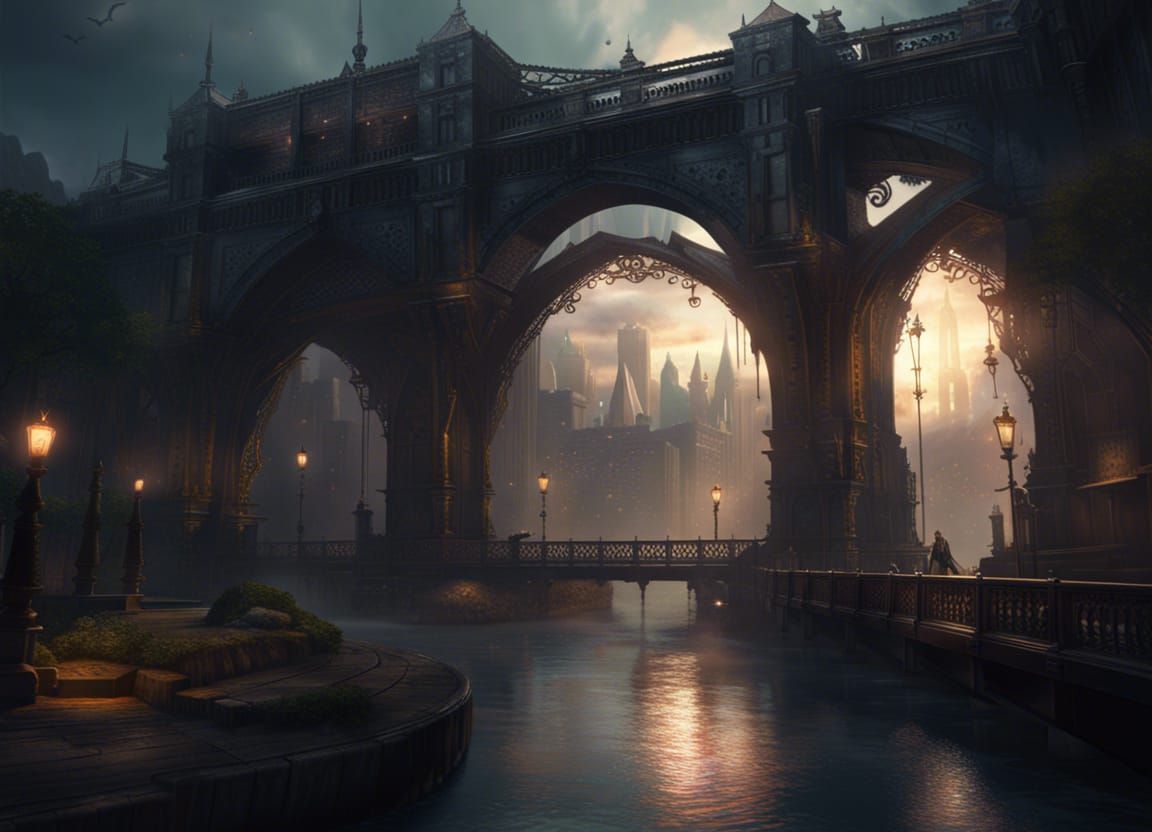 Otherworldly City Bridge in Dark Fantasy Style
