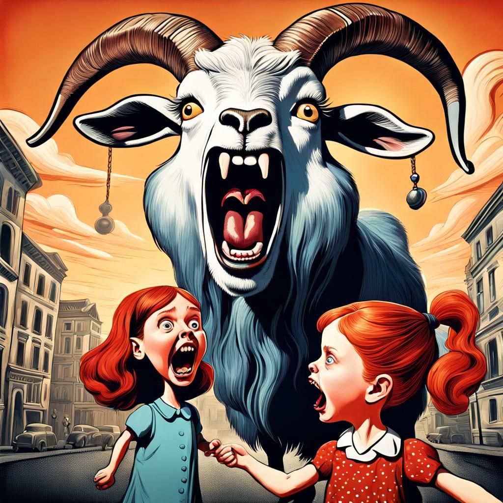 Surreal Goat Screams at Girl: Vintage Caricature Photo
