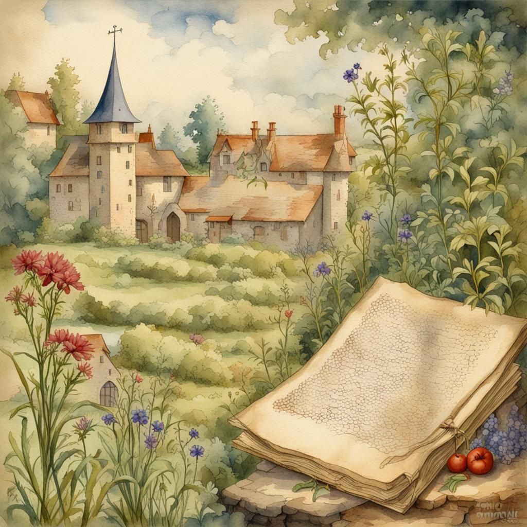 Medieval Monk's Herb Garden on Old Parchment