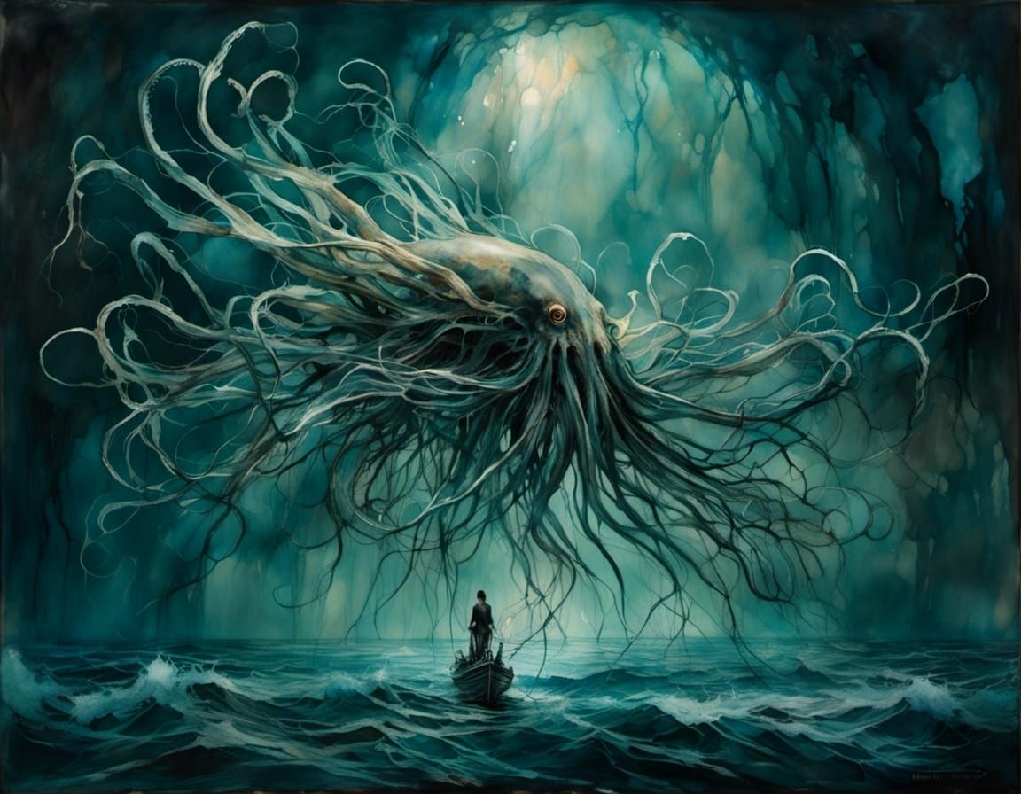 Giant Squid in Bioluminescent Abyss: Surreal Deep-Sea Scene