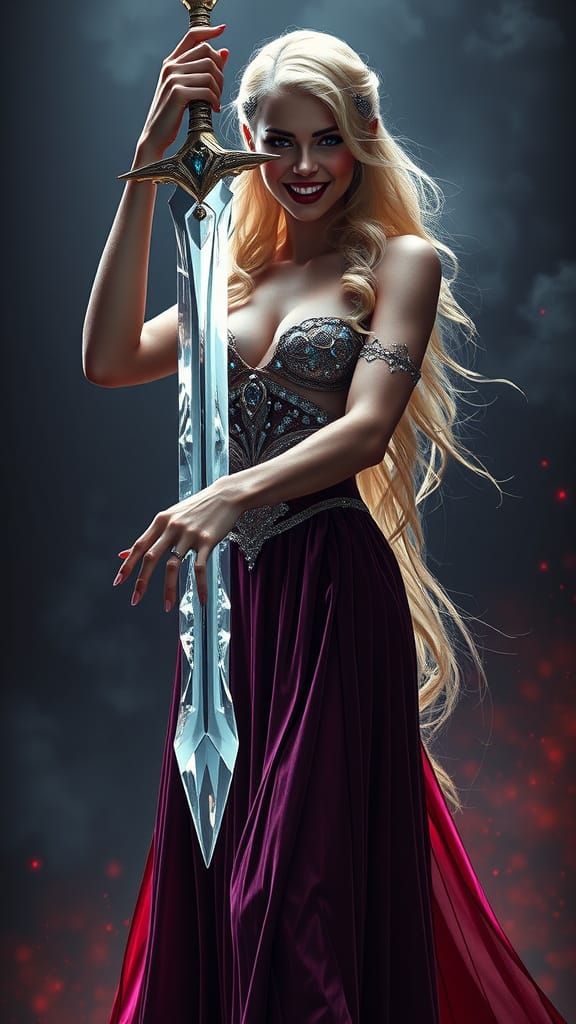 Ethereal Vampire Goddess in Velvet Gown Wields Crystal Sword
