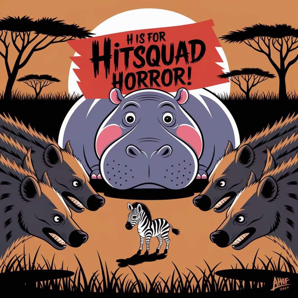 Sad Hippo and Hungry Hyenas: A Cartoon Savanna Scene