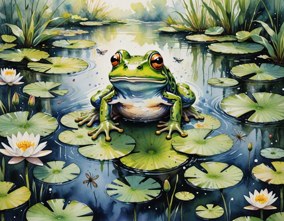 Frog Leaping from Lily Pad in Watercolor Style