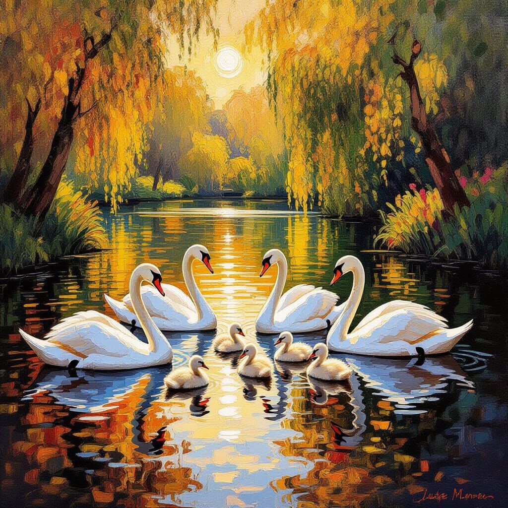 Elegant Swans and Young in Impressionistic Style
