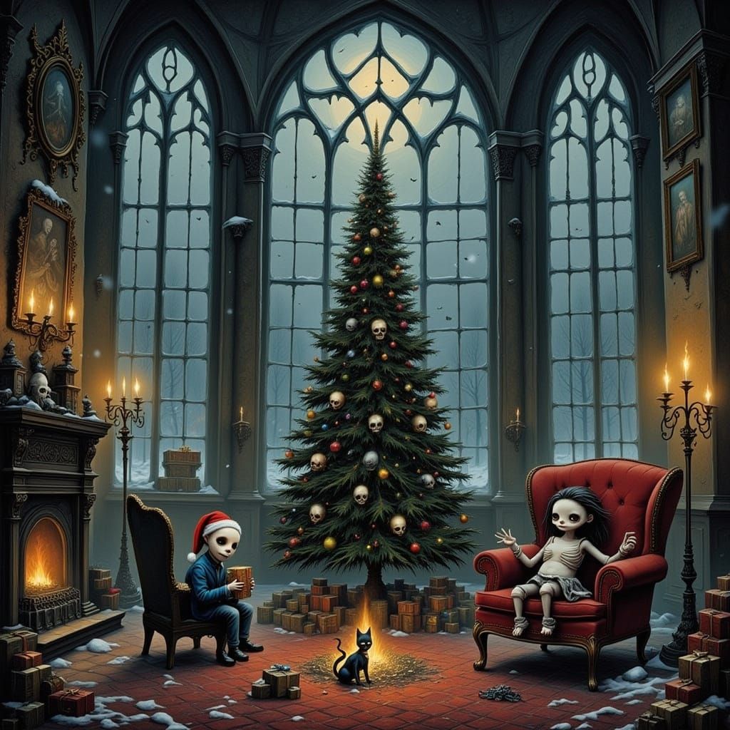 A hilariously gloomy Christmas scene inside a grand, gothic-...