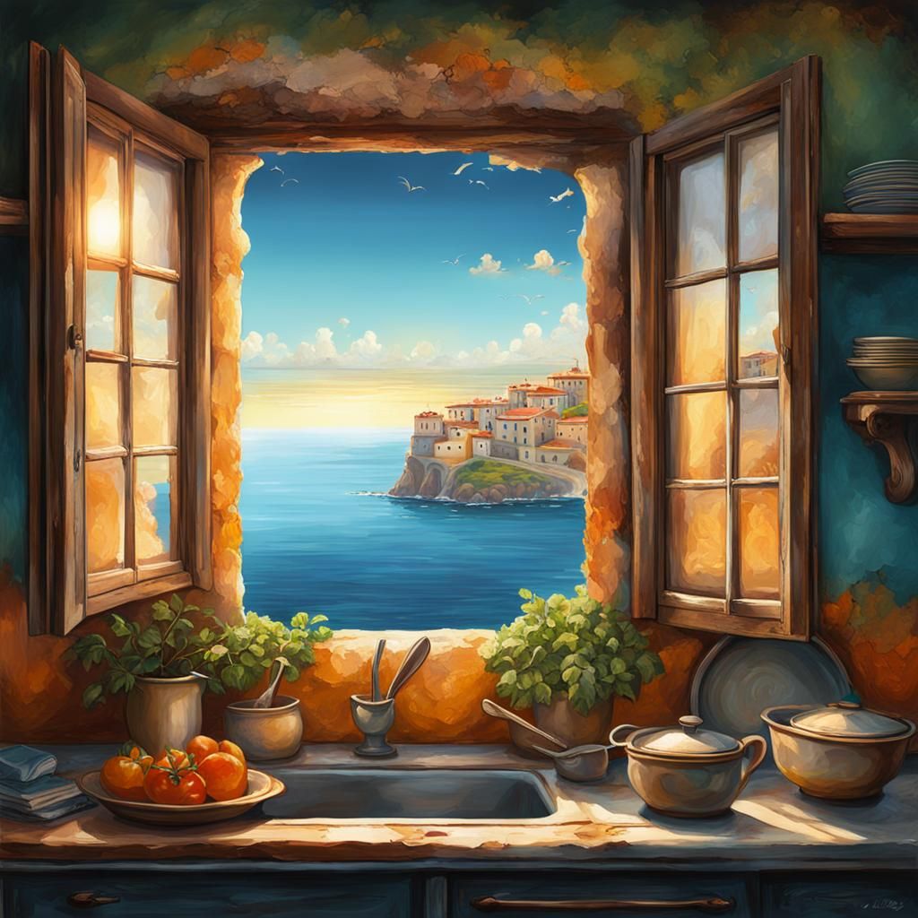 Italian Kitchen with Ocean View, Hyperrealistic Art