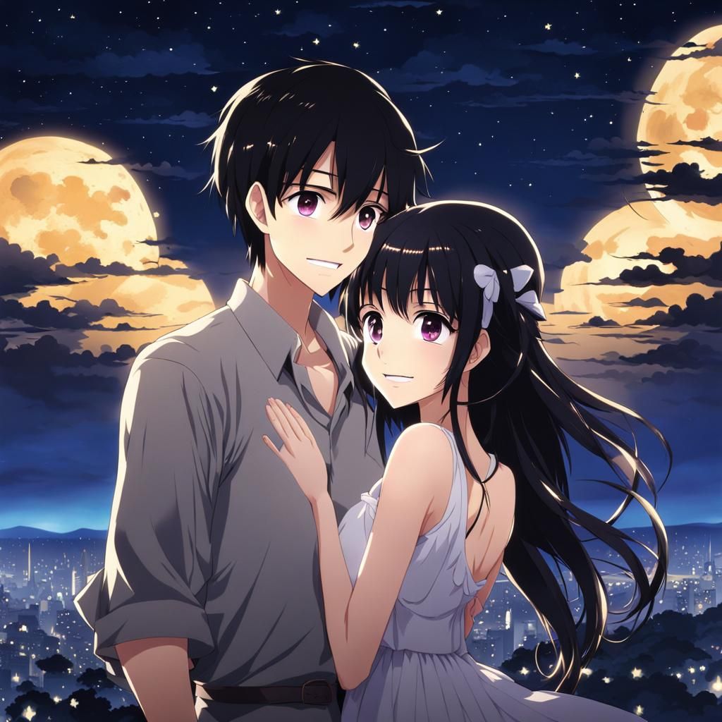 Anime Couple Smiling Under Moonlight