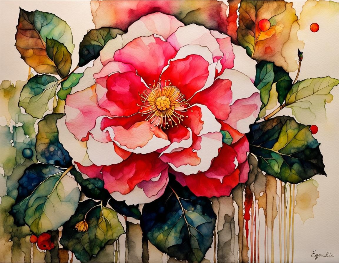 Ethereal Camellia: Expressionist Ink and Watercolor Sketch