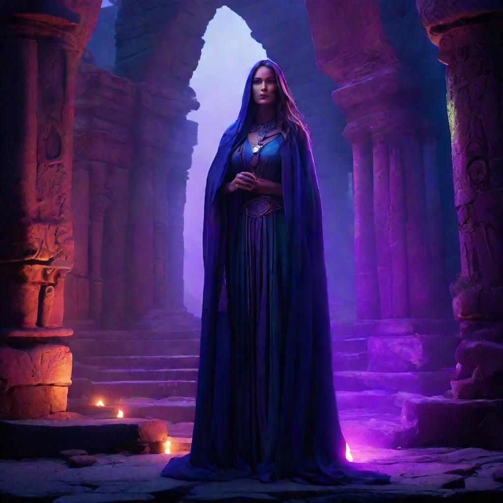 Mysterious Sorceress in Ruins with Neon Runes