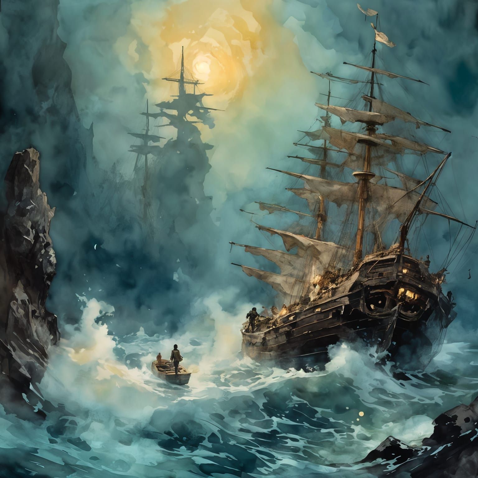 Un navire fantôme massif et éthéré naviguant dans un océan b...