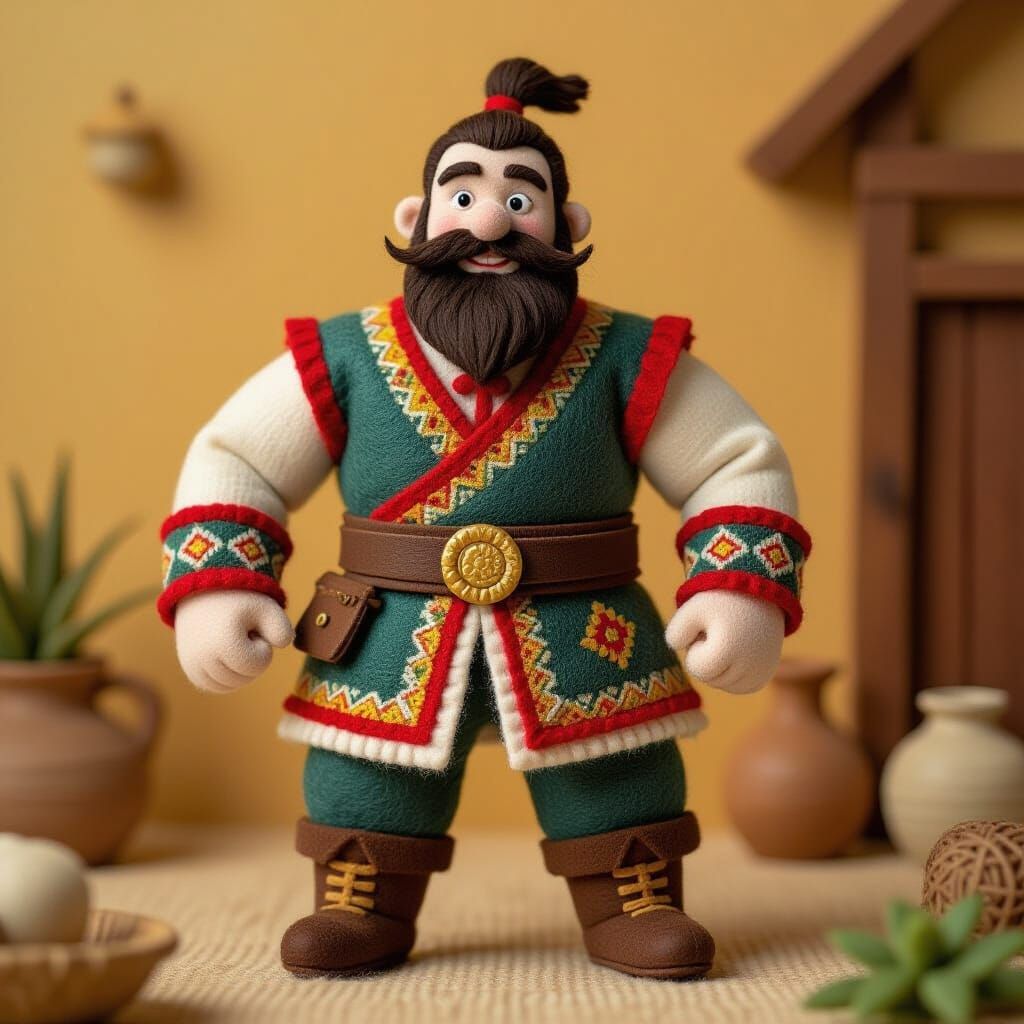 Felt Strongman in Folk Outfit, Whimsical Illustration