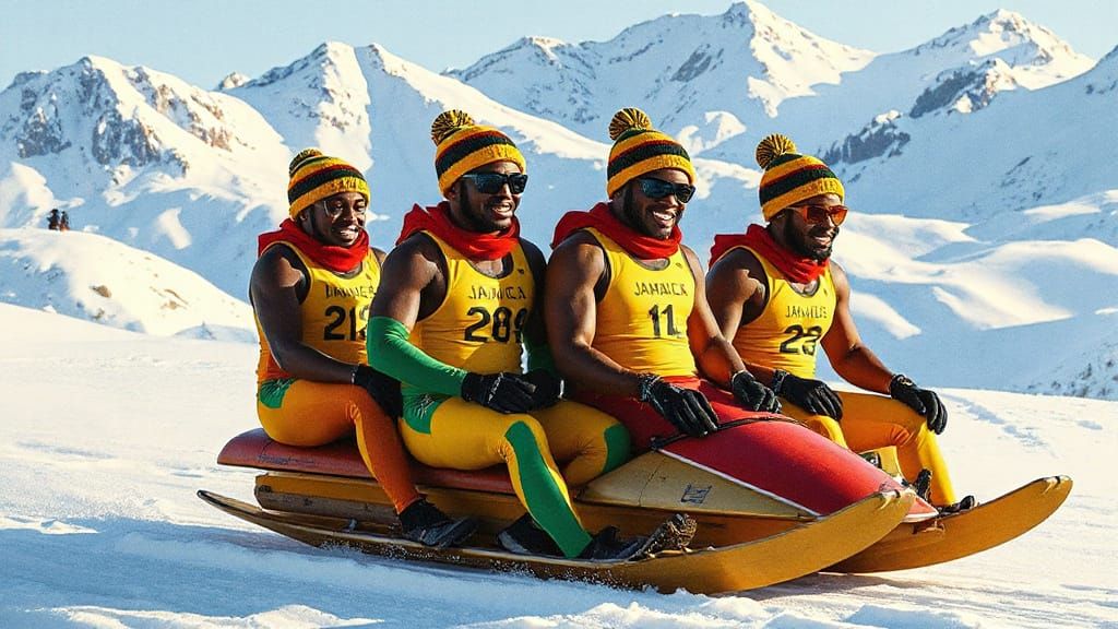 Jamaican Bobsled Team in Swiss Alps, Digital Painting
