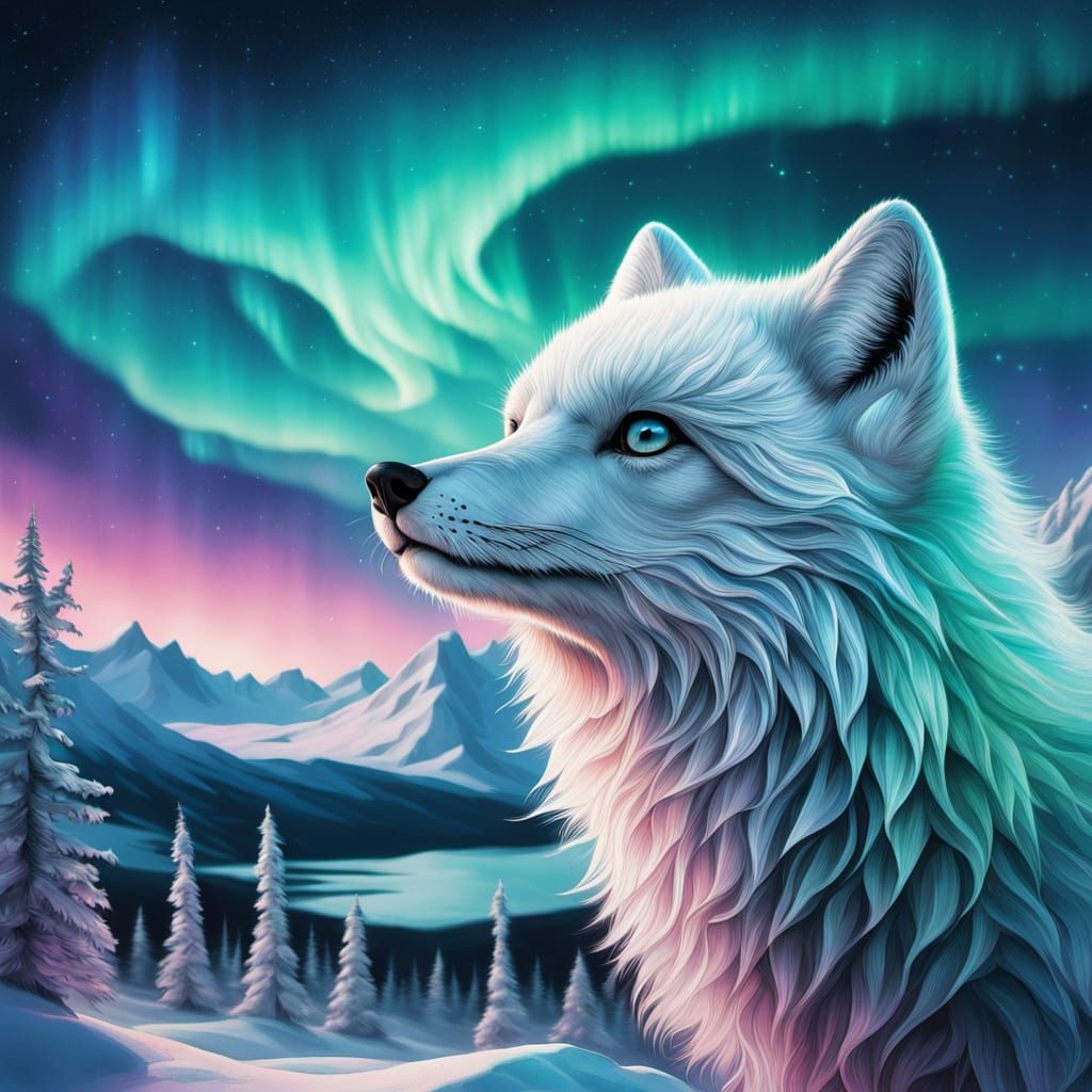 Arctic Fox Howling at Aurora Borealis in Hyperrealism