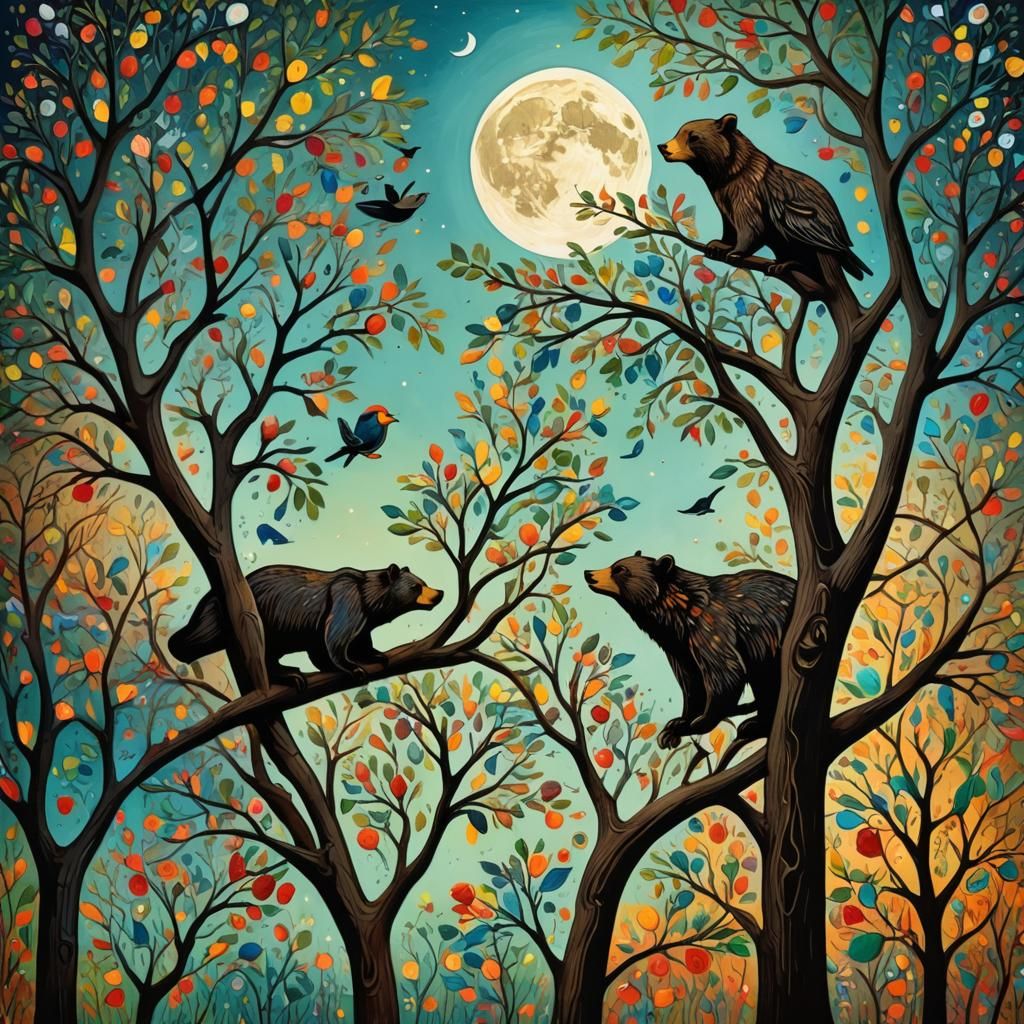 Folk Art Moon Trees with Bear and Birds
