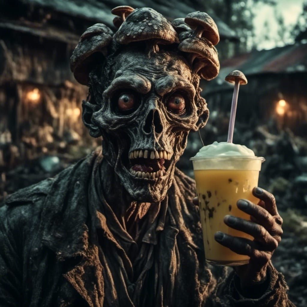 Surreal Mushroom Human Drinks Milkshake